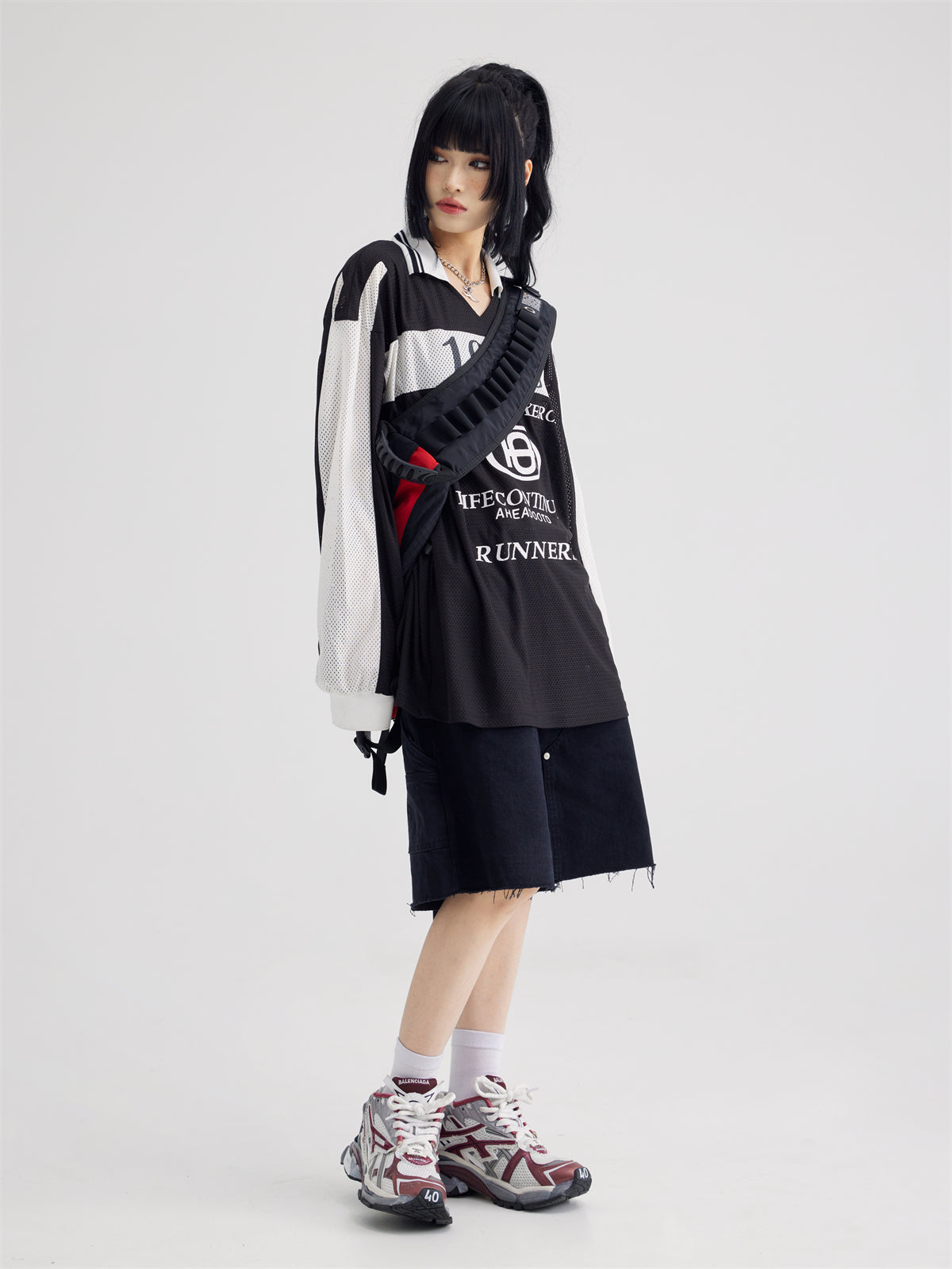 Polo Collar Mesh Print Long-sleeved T-shirt