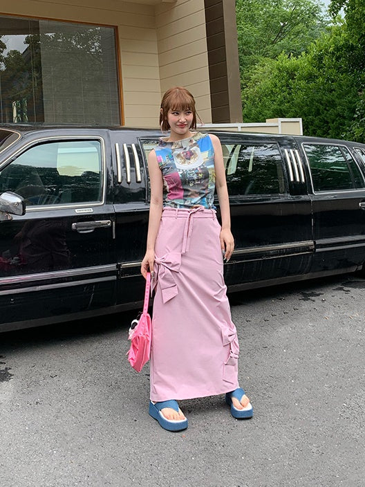 Ribbon Low-waist Tooling Long Skirt