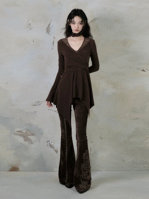 Lace Stitch Elastic Slim Velvet Bootcut Pants