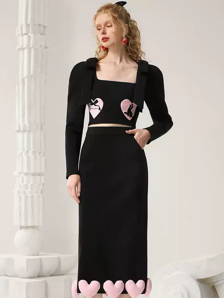 Set-Up Heart Nichi Ribbon Cat Cute Blouse&Long-Skirt