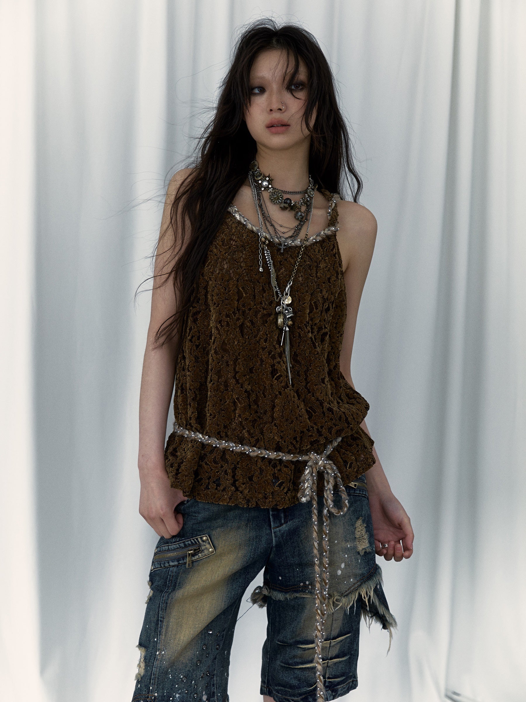 Hollow Loose Flocked Lace Camisole