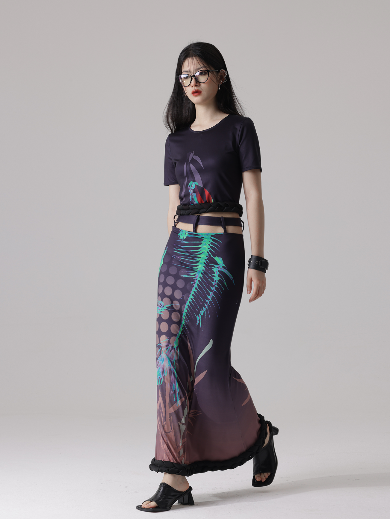 Fishbone Print Stitching Braid Profile Hem Top & Fishtail Skirt