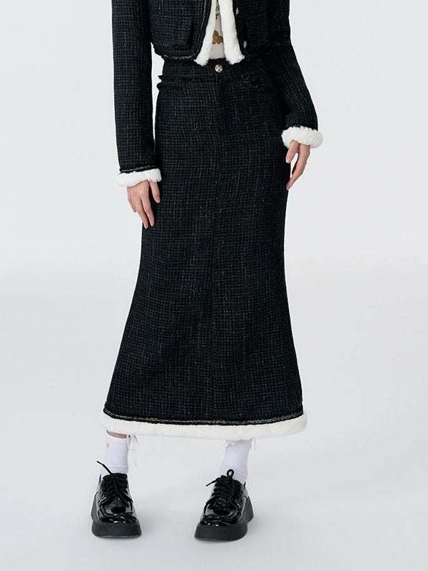 Contrast Color Fur Collar Tweed Padded Jacket & Skirt