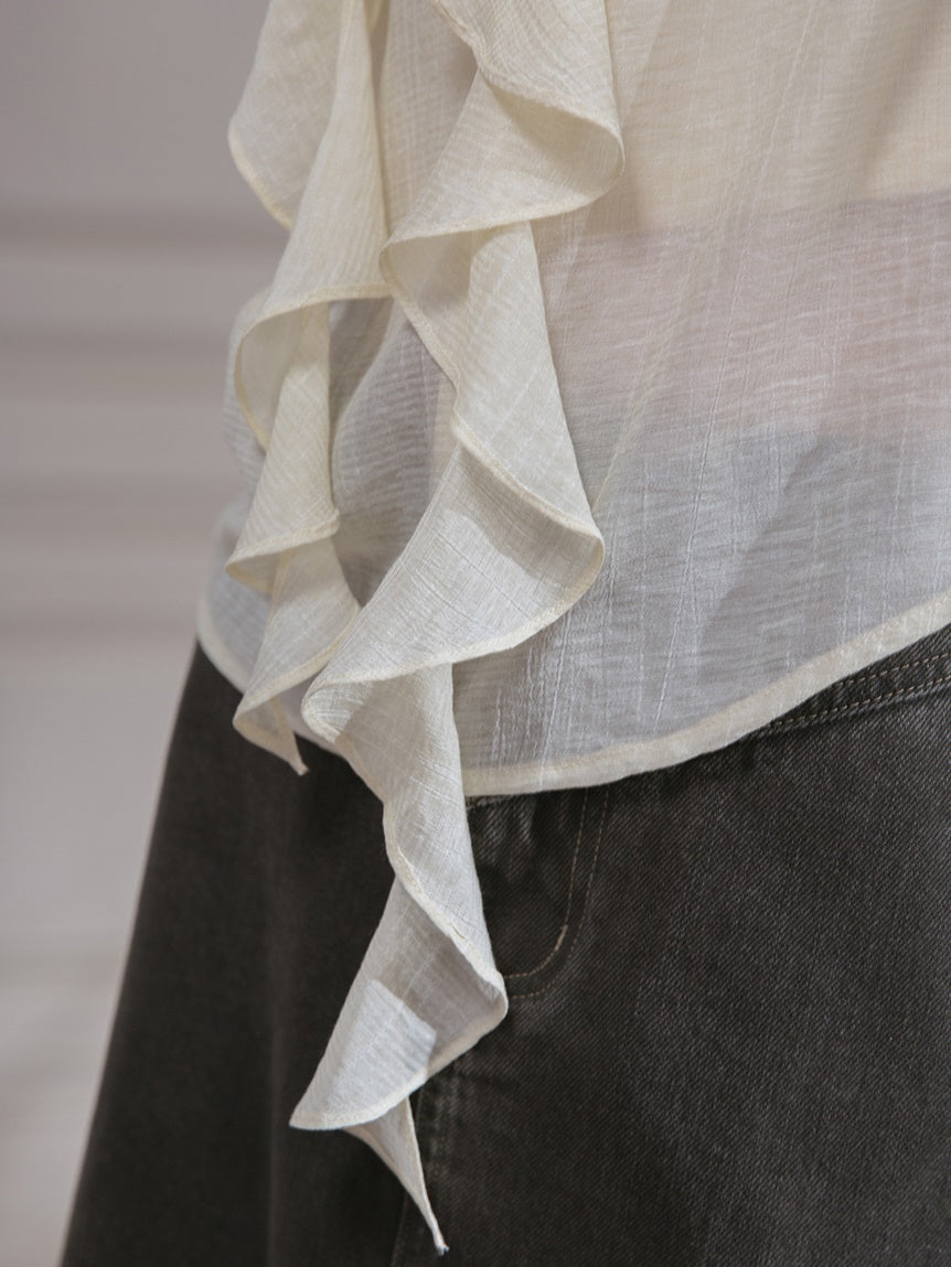 Romantic Curve Ruffle Chiffon Shirt & Tube Top Set-up