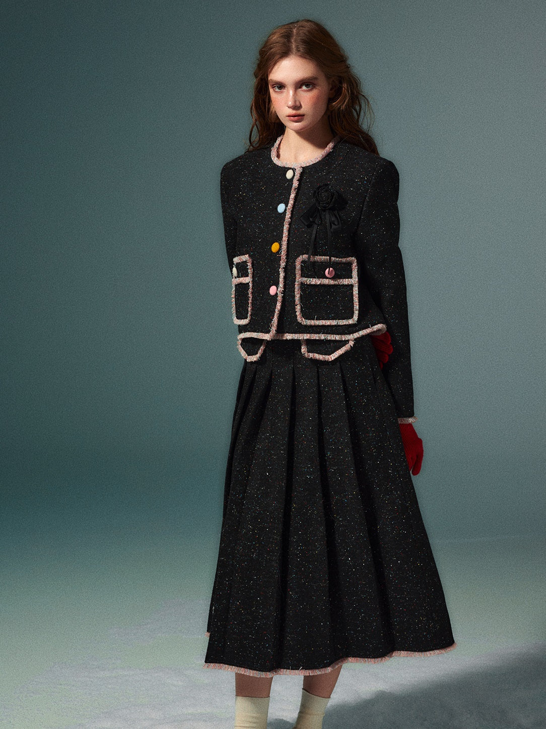 Colorful Dot No Collar Jacket & Pleated Skirt