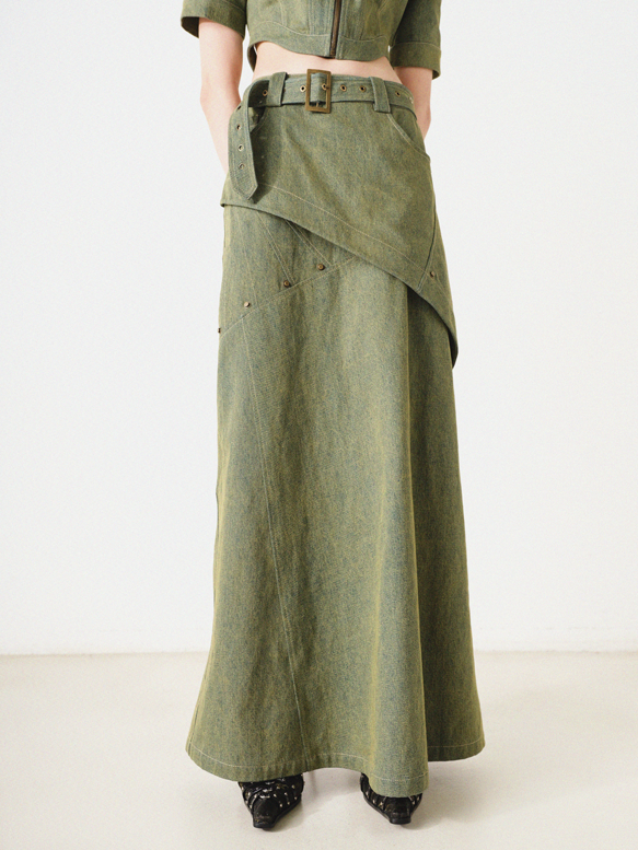 Denim-Off-Shoulder-Top & Long-Rock mit Gürtel