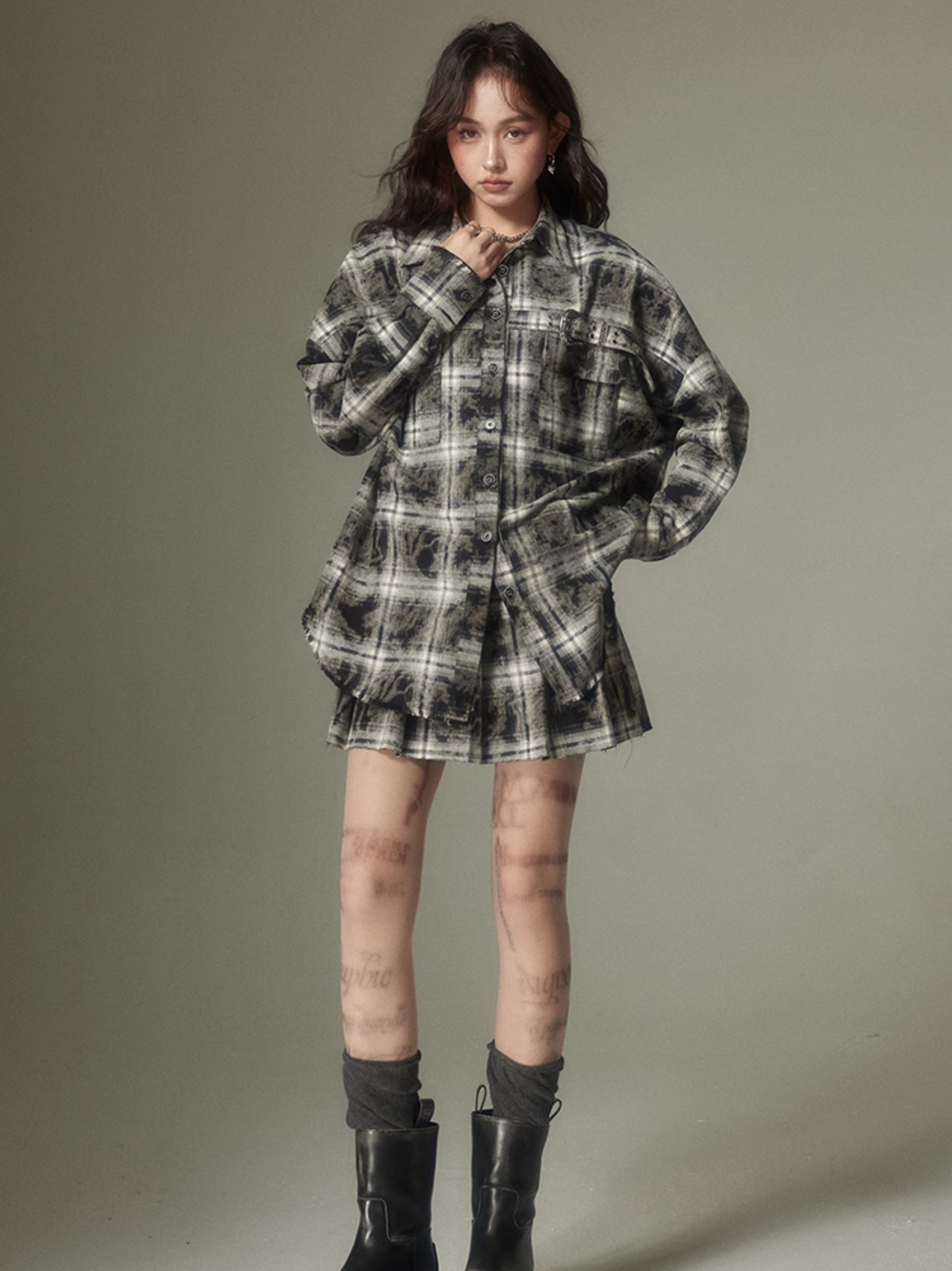 Plaid Loose Long Sleeve Shirt & Pleated Skirt