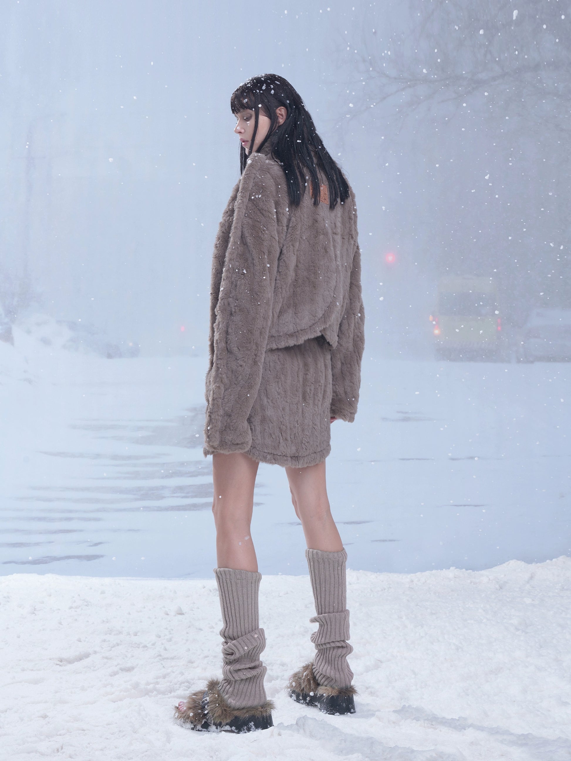 Fluffy Removable Collar Short Jacket & Wrap Design Skirt