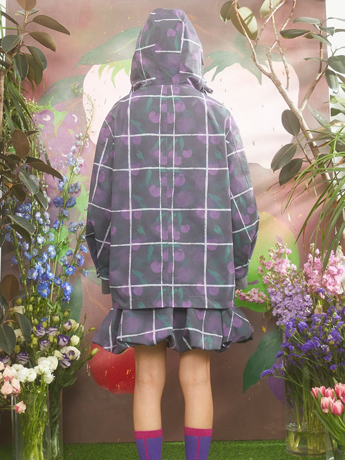 Gradient Cherry Plaid Printed Hooded Windbreaker Jacket & Flower Bud Skirt