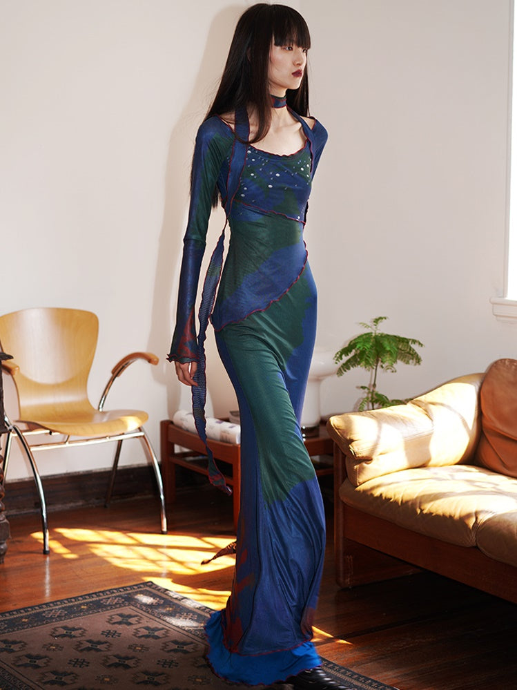 중국 스타일 인쇄 메쉬 슬림 긴 드레스