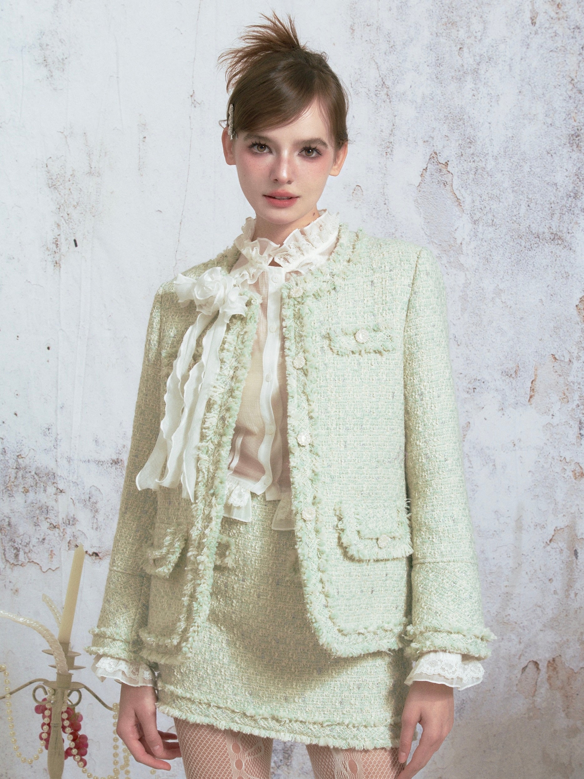 Tweed Raw Edge Camellia Jacket & Skirt