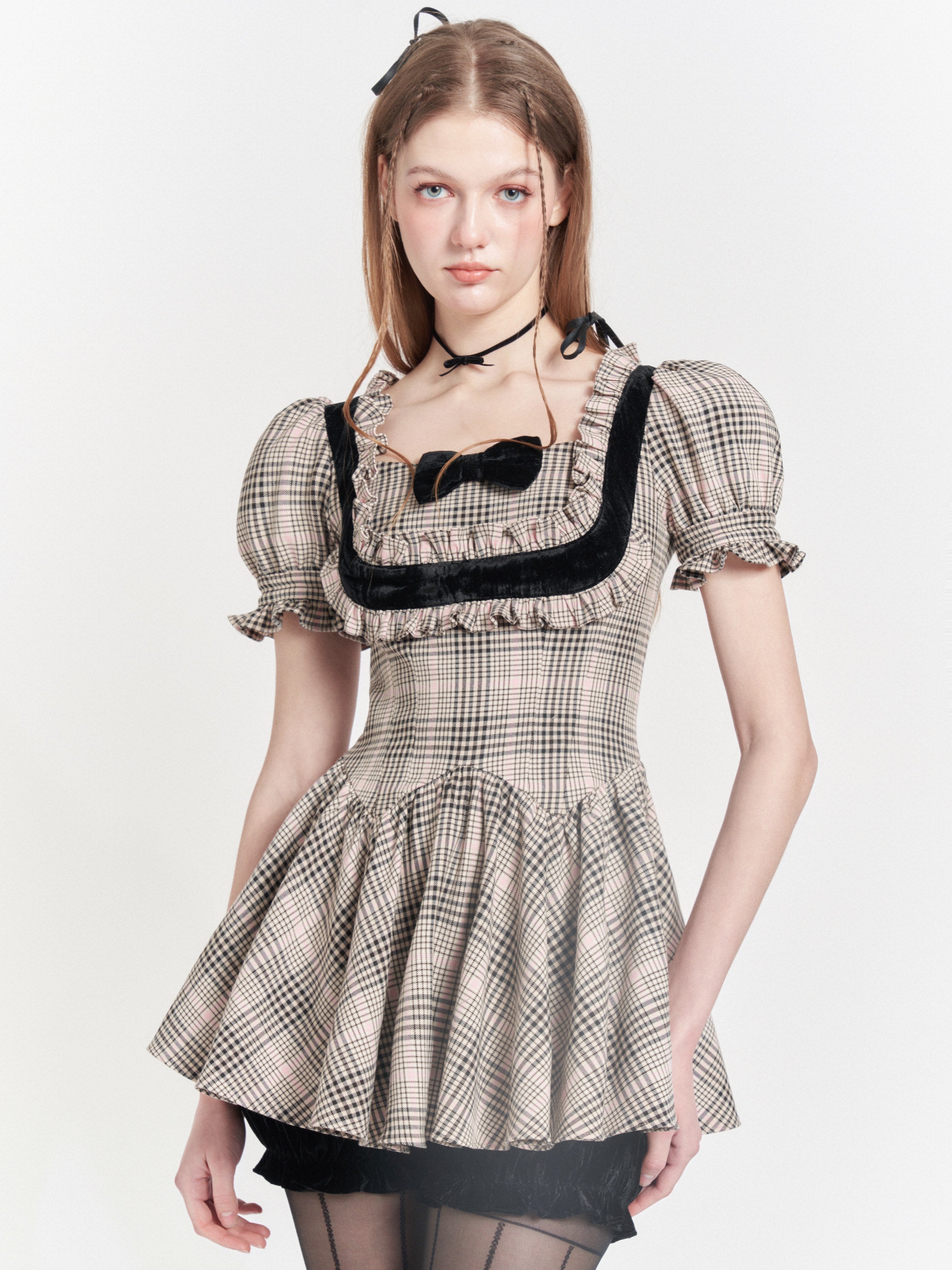 PLAID COLLEGE STYLE LACE SQUARE COLLAR FAKE TWO-PIECE Dress