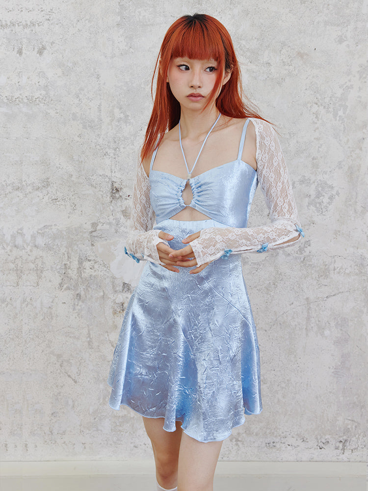 반짝이는 중공 서스펜더 드레스 & 레이스 슬리브