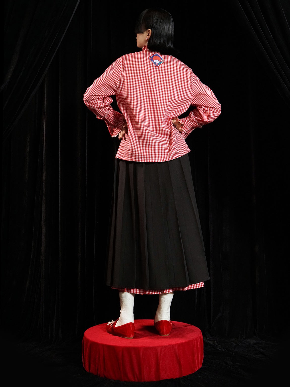 Gingham Plaid Accordion Pleated Cuff Shirt