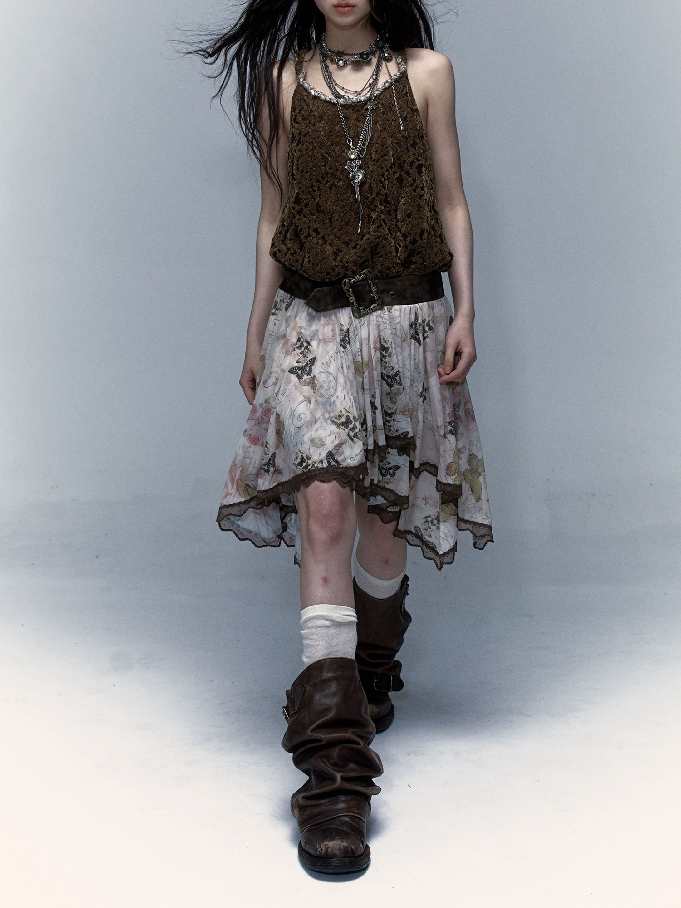 Retro Butterfly Print Splicing Irregular Skirt