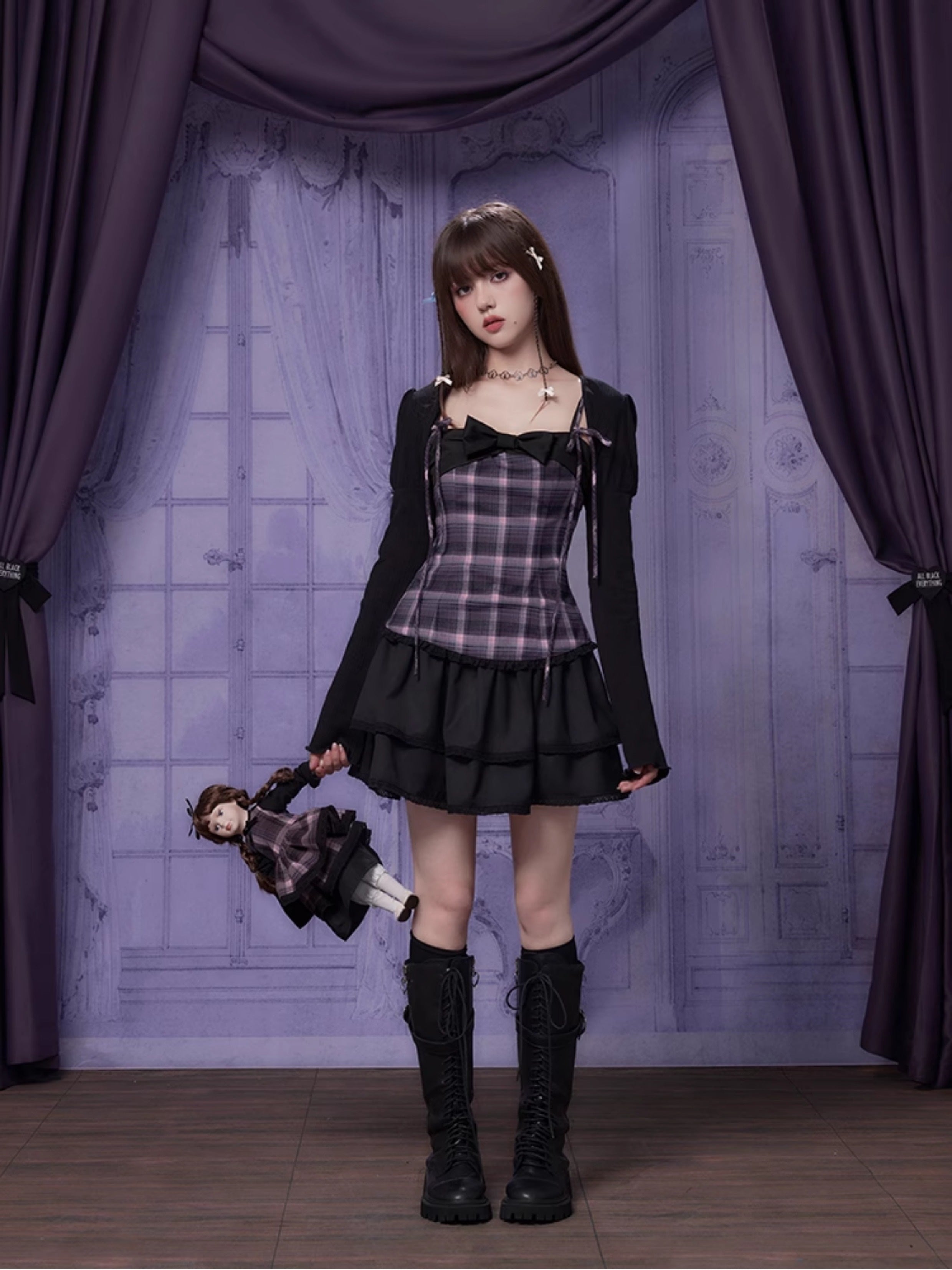 Grid Switching Design Suspender Dress