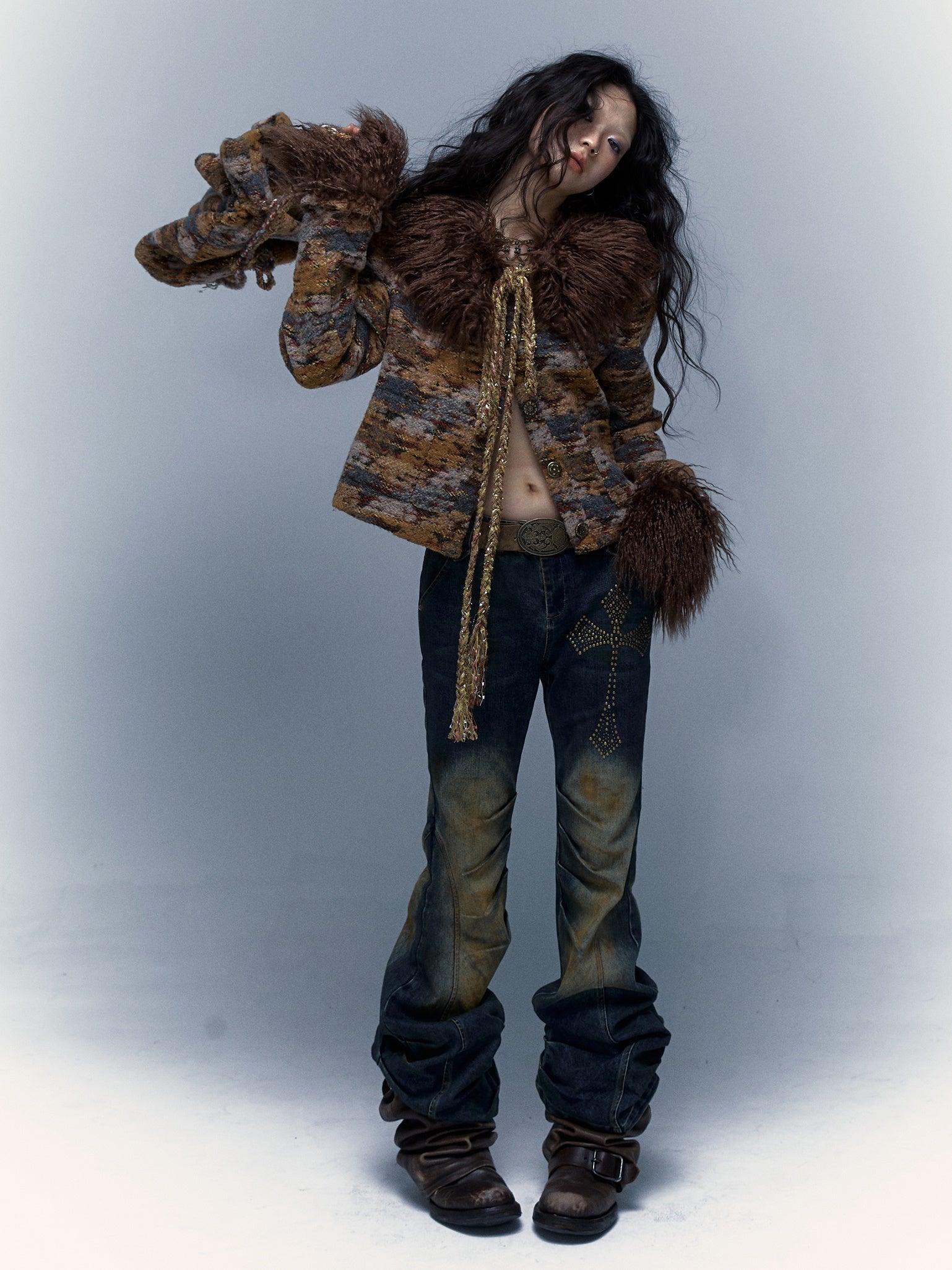 크로스 스터드 스트레치 씻은 고민 플레어 청바지