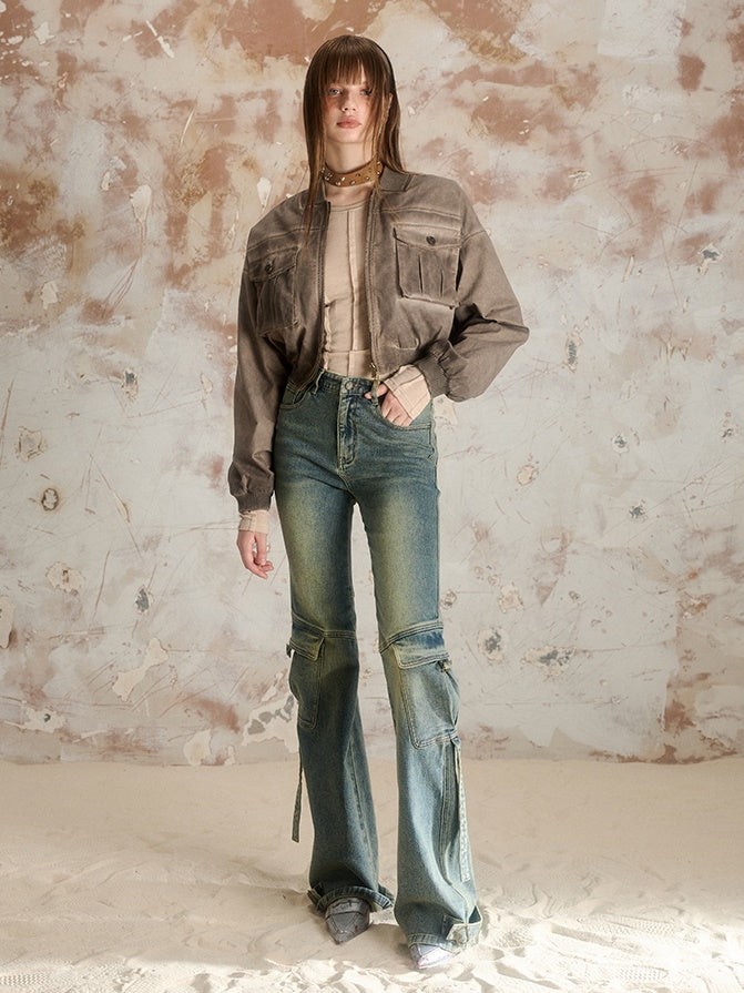 숏 캐주얼 워싱 프린트 재킷