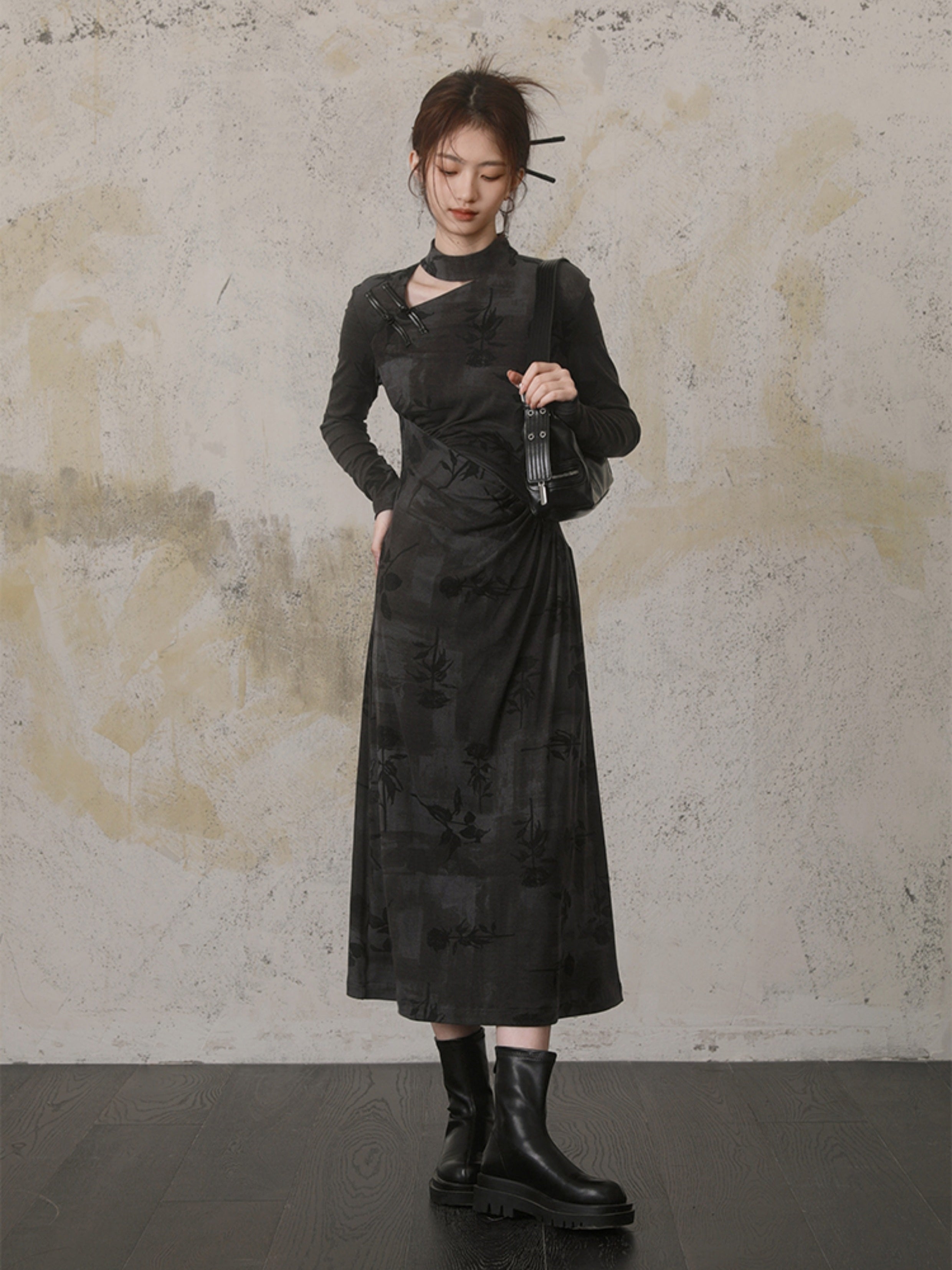 중국 스타일 인쇄 슬림 한 긴팔 드레스