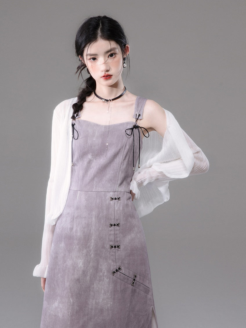 Chinese Style French Sleeve Cutsew & Tie-Dye Printed Suspender One-piece Set-up