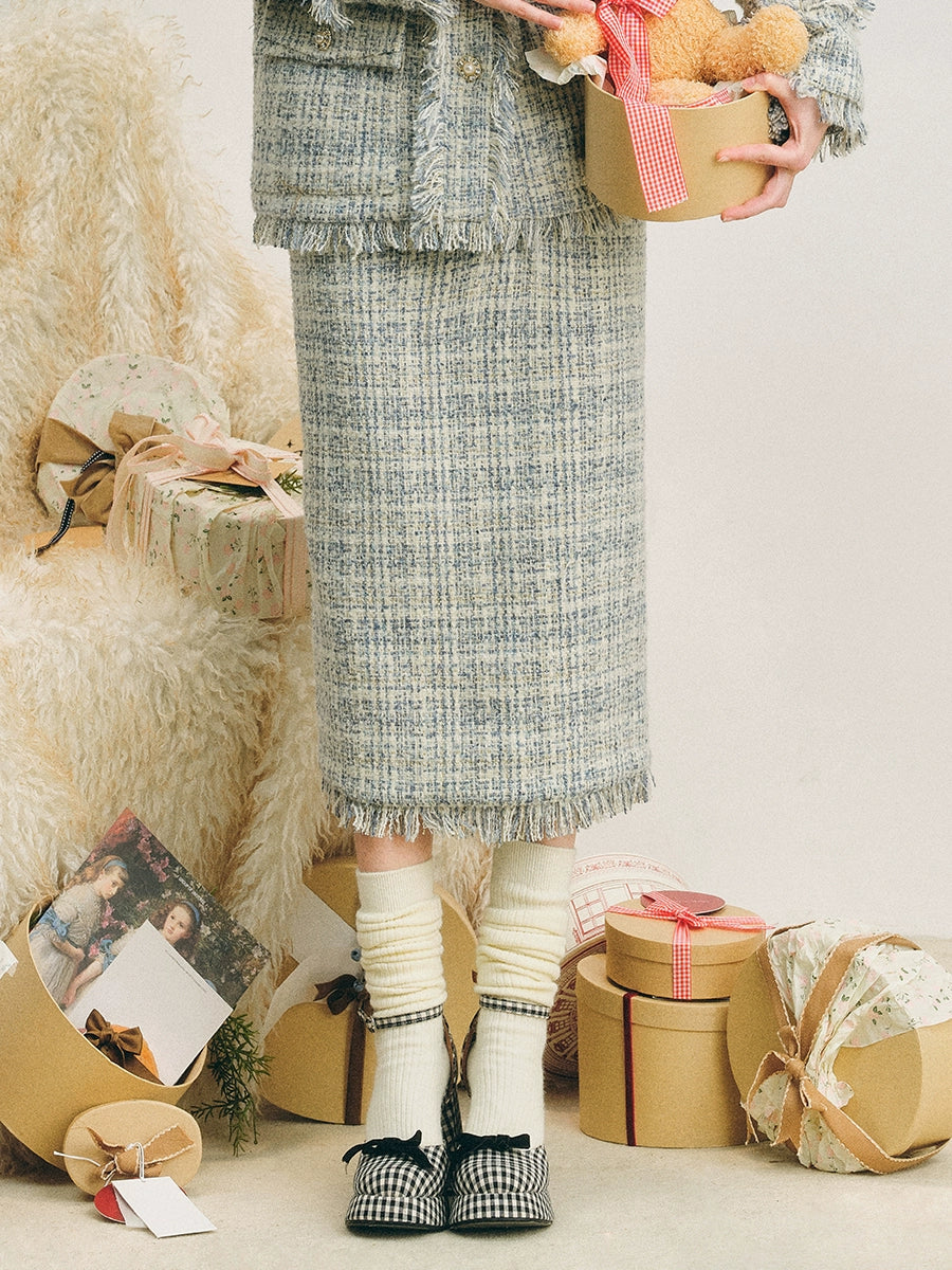 Loose Silhouette Tweed No-Collar Jacket & Mid-Length Skirt