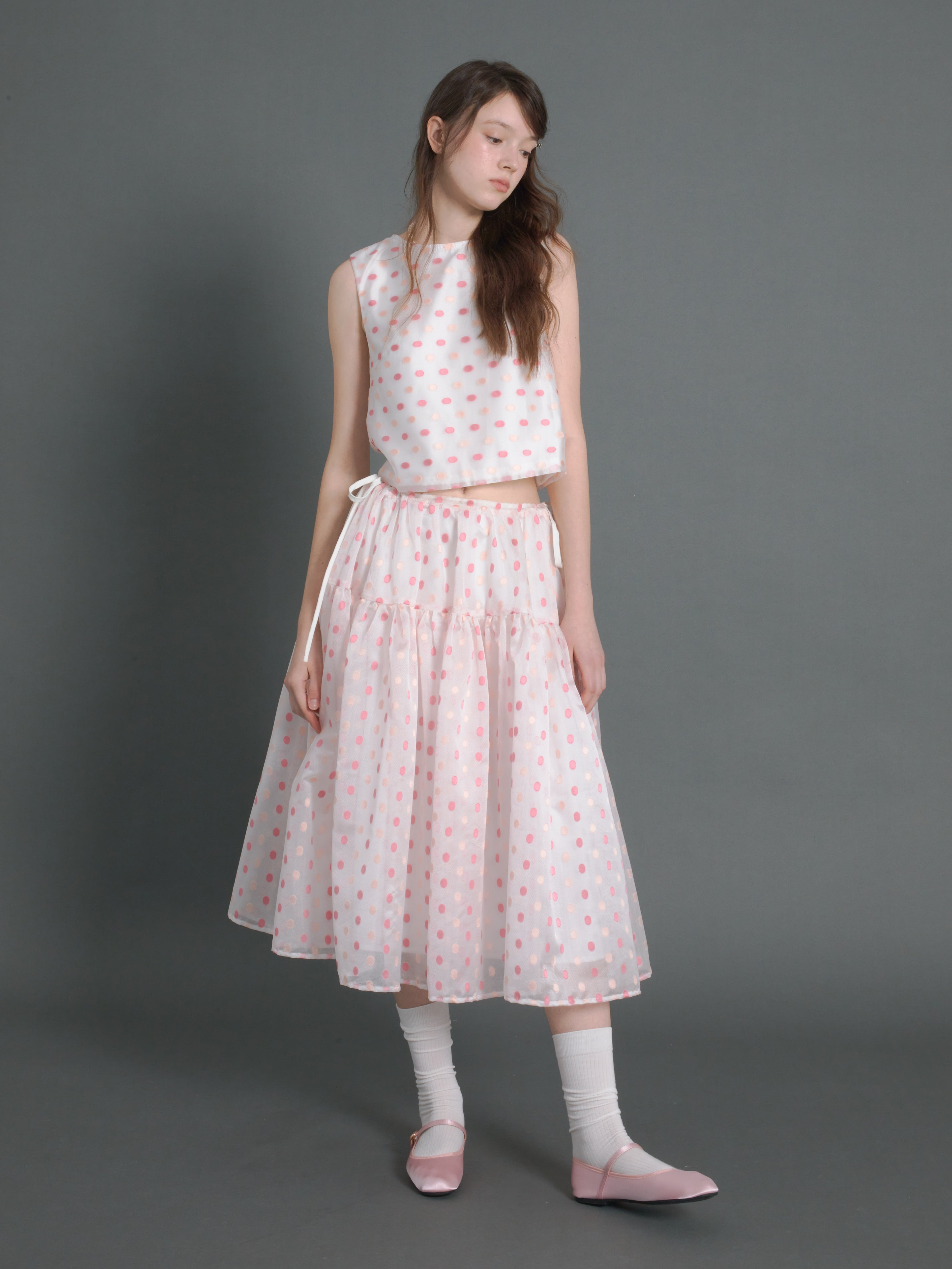 Polka Dot Sleeveless Back Ribbon Top & Gather Fluffy Skirt
