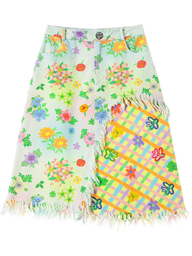 Nähte Blume Plaid A-Line-gedruckter Rock