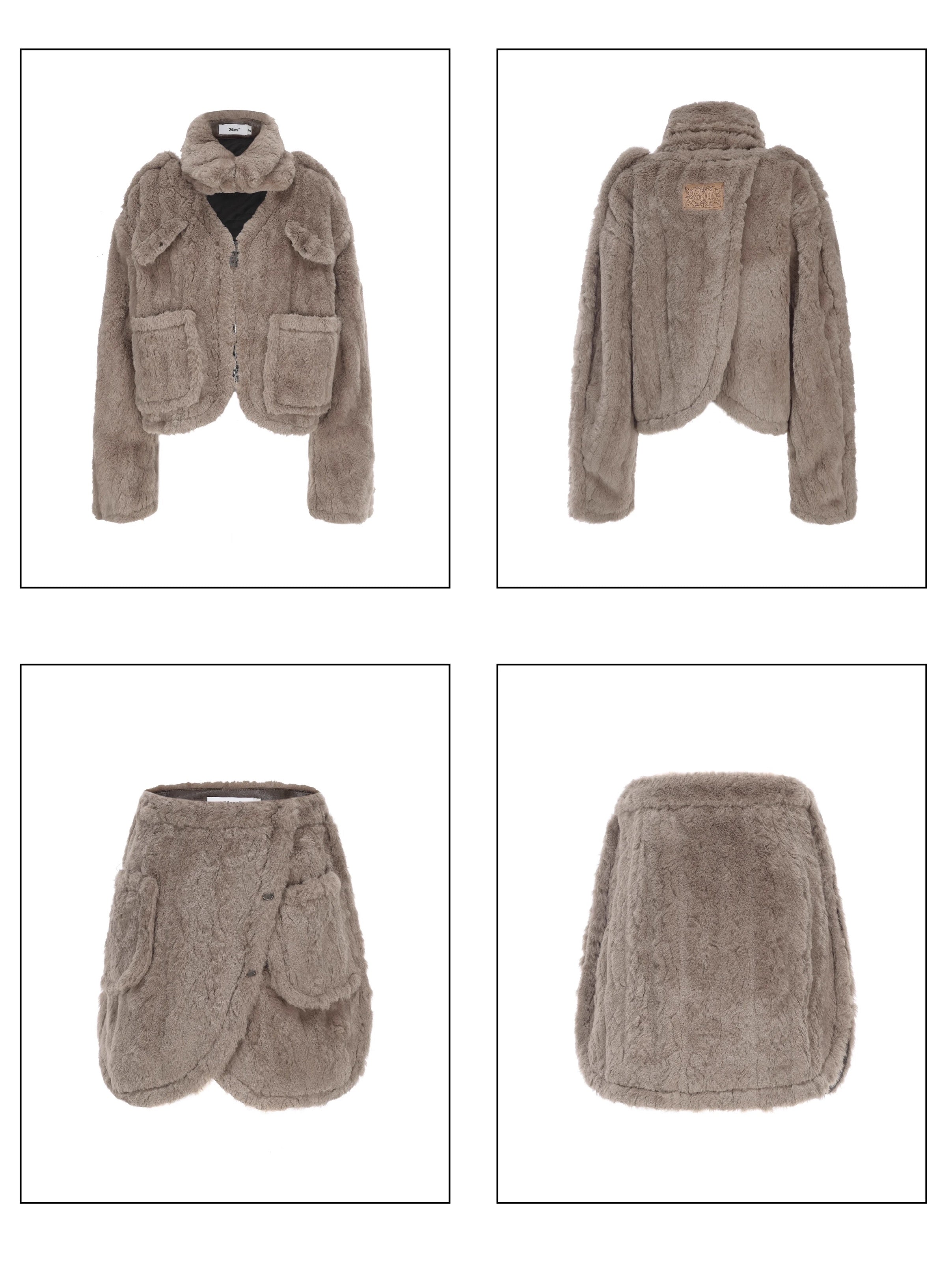Fluffy Removable Collar Short Jacket & Wrap Design Skirt