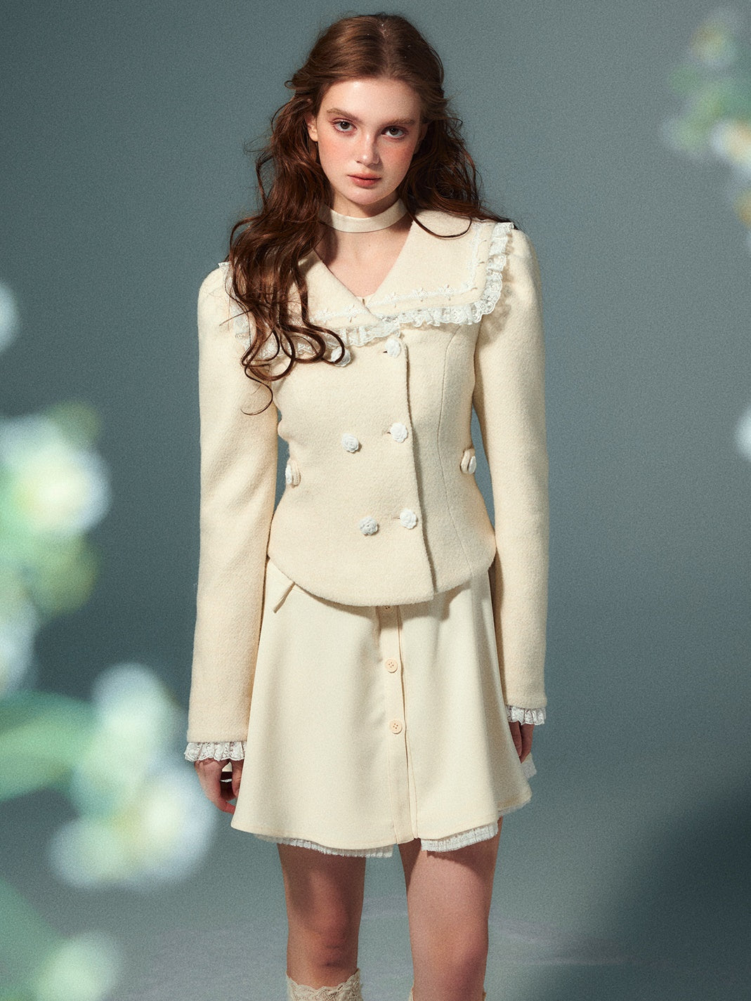 Lace Navy Collar Double-Blest Jacket & Skirt