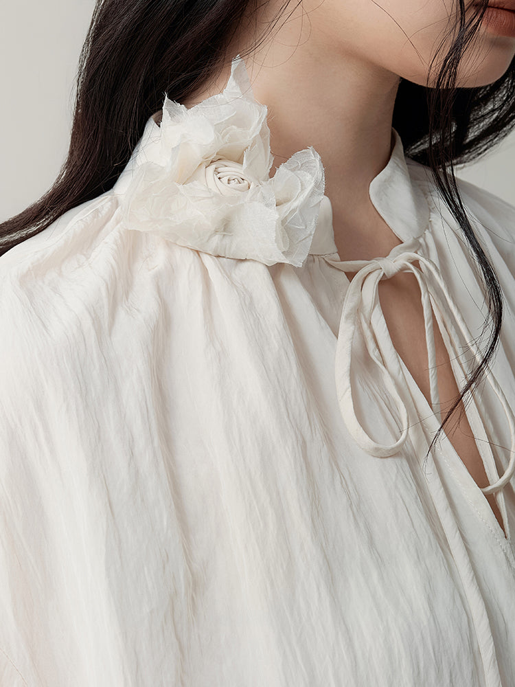Mist Rose Stand Collar Tie Shirt