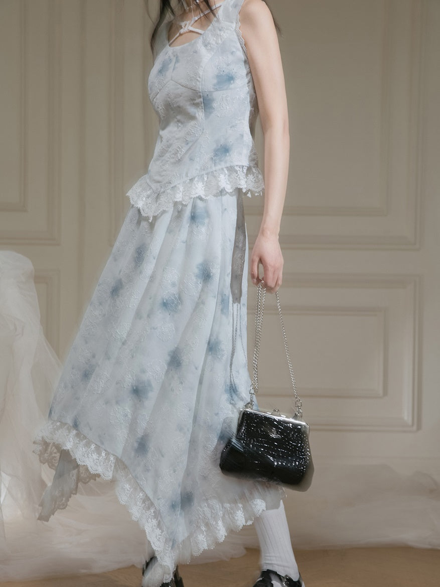 Rose Ink Printed Lace Sleeveless Top & Irregular Hem Skirt Set-up