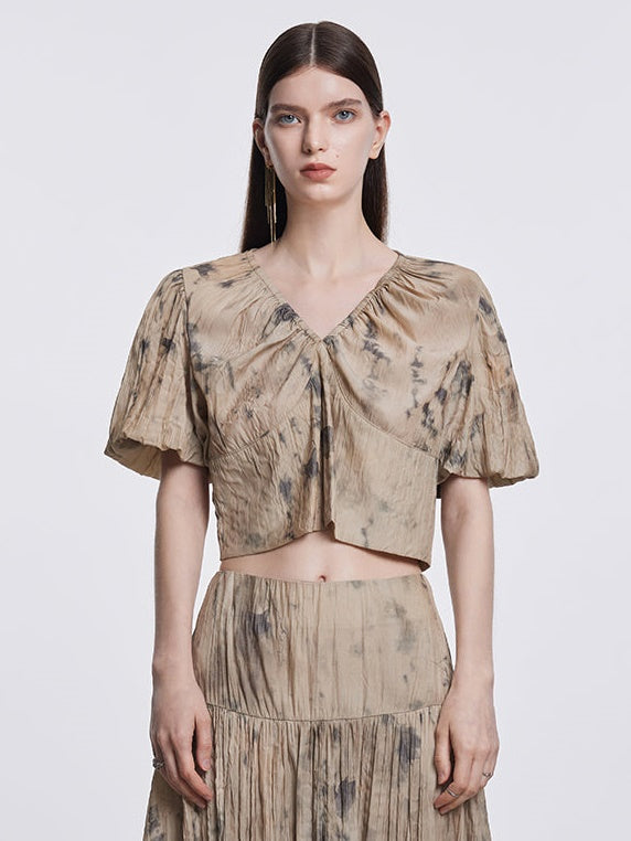 Tie-dye V-Neck Puff Sleeve Top & Gather Long Skirt