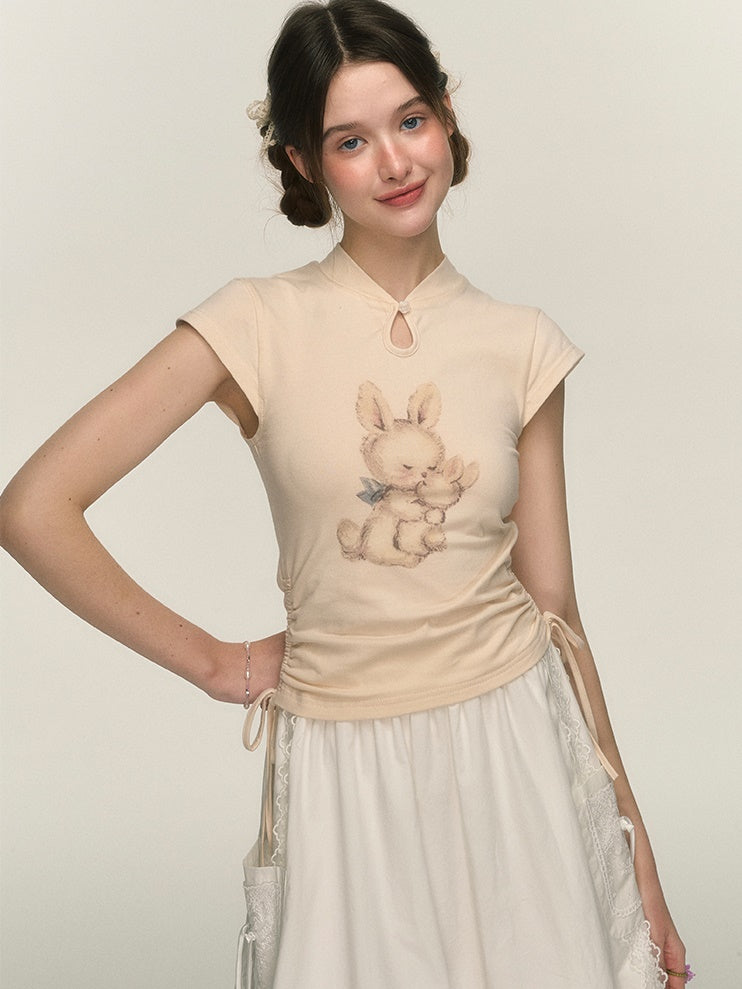 Chinese Style Rabbit Print Drawstring T-shirt