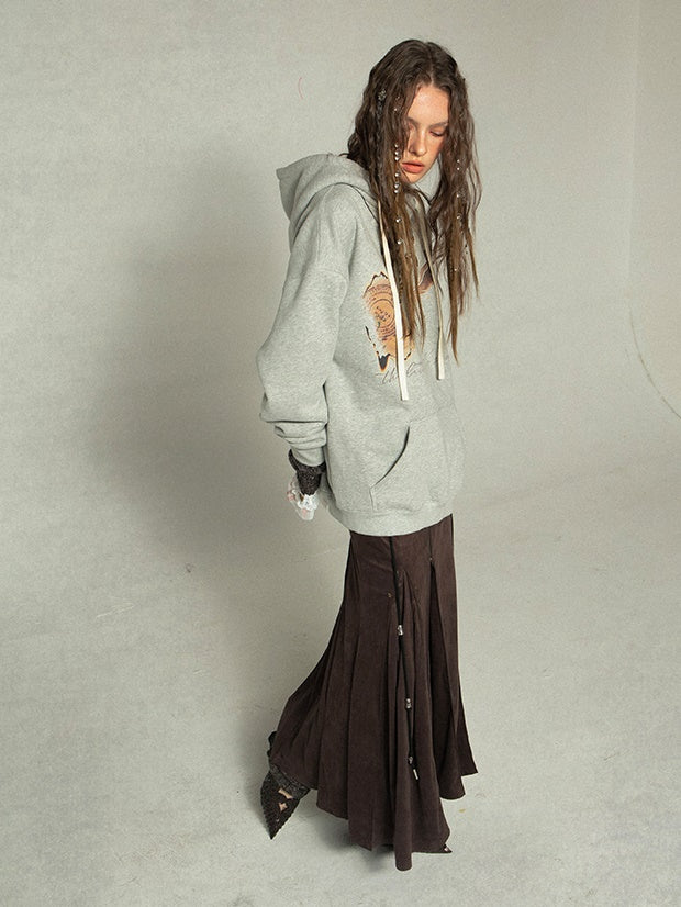 Printed Polar Fleece Lining Hooded Loose Sweat