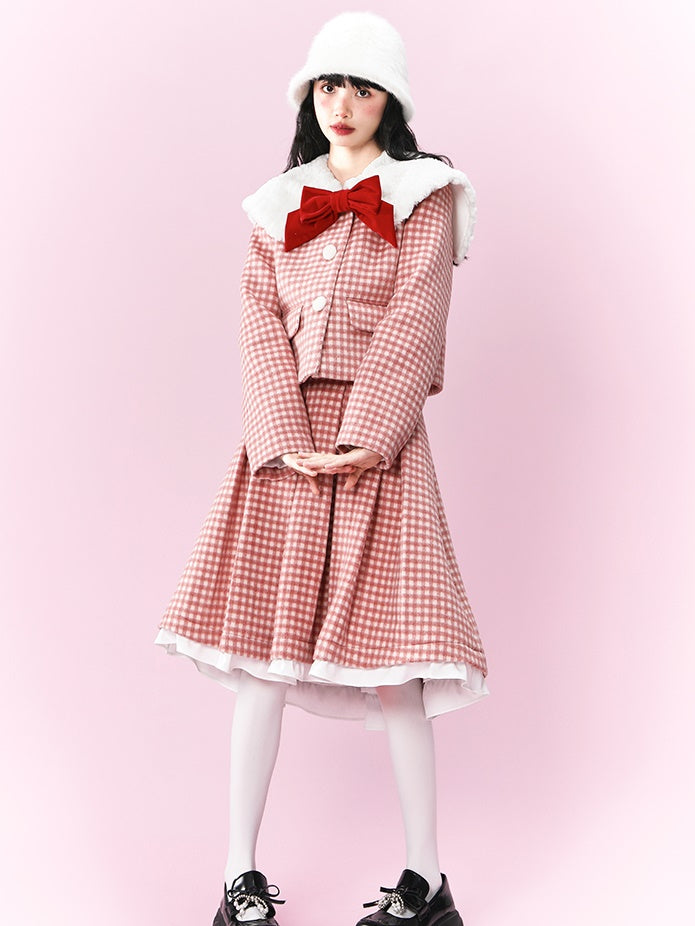 Retro Gingham Plaid Big Collar Jacket & Pleated Skirt