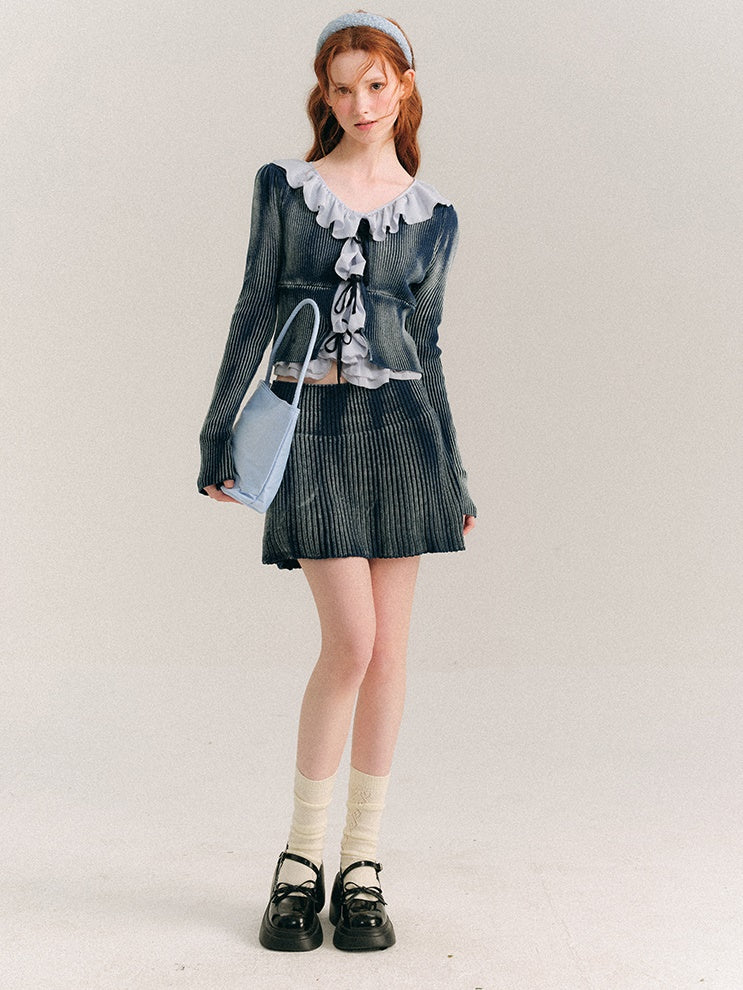 Washed Tie-dye Lace-up Knitted Cardigan & Skirt
