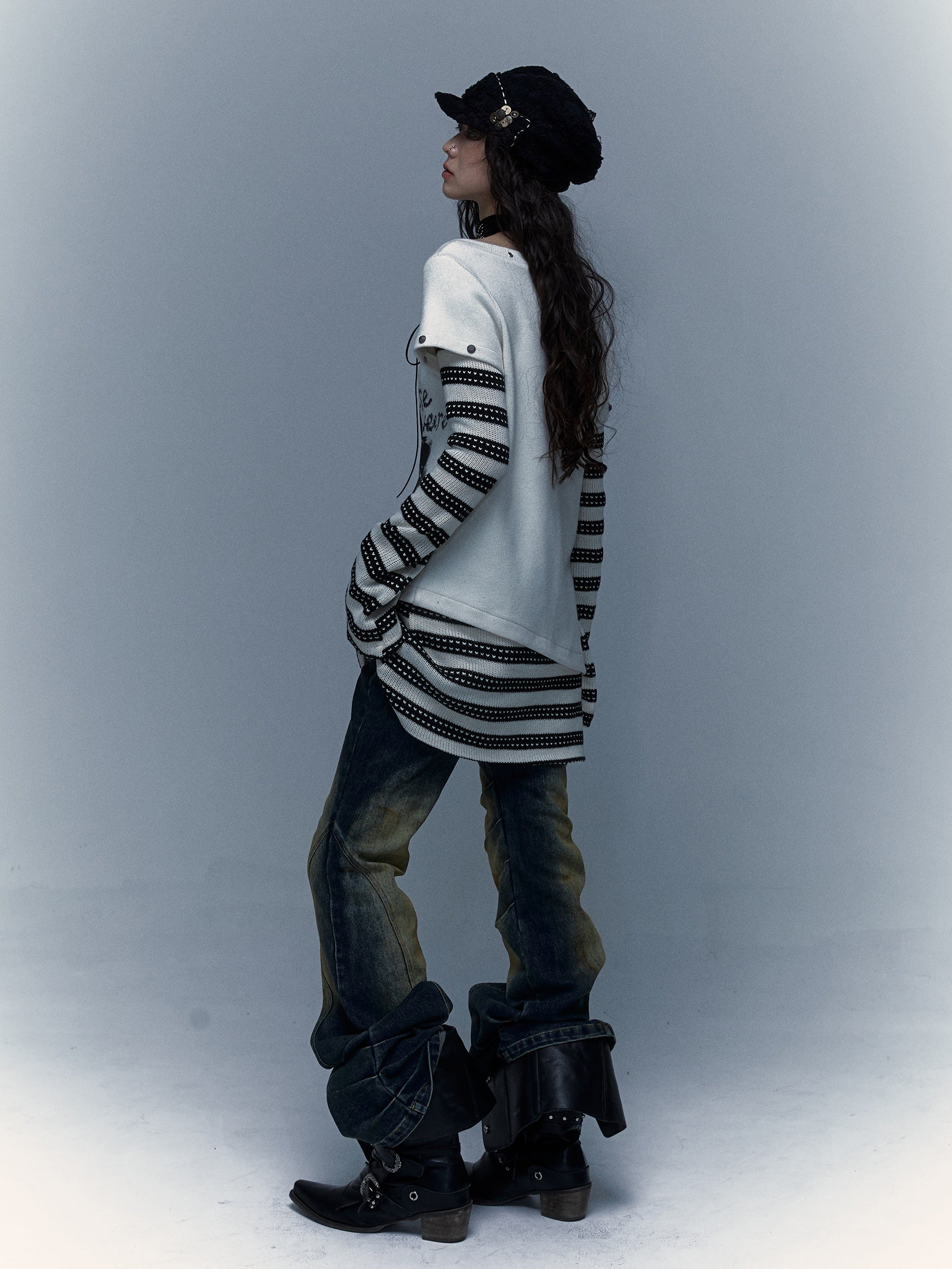 펑크 스 플라이 싱 스트라이프 프린트 긴팔 티셔츠