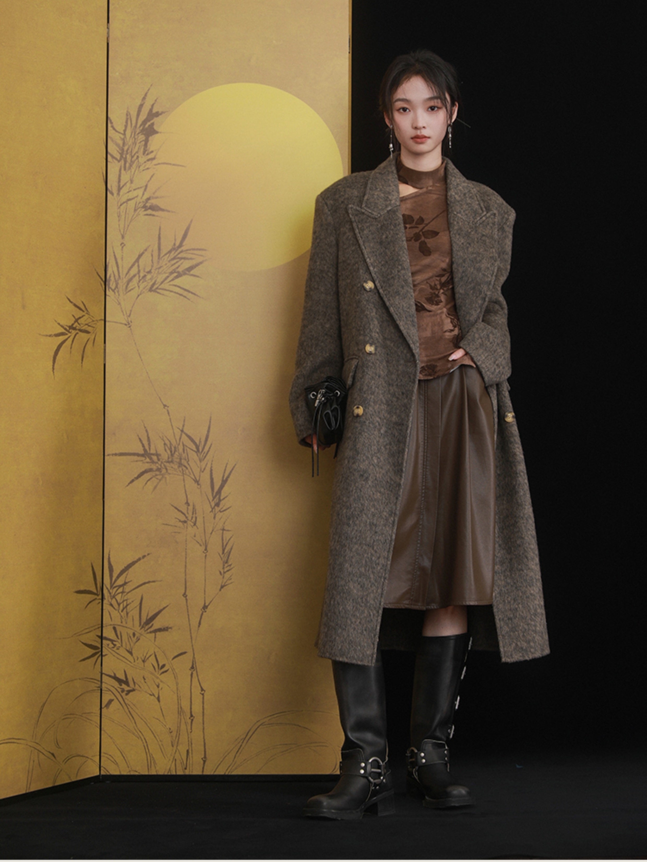 슈트 칼라 양면 미드 길이 코트