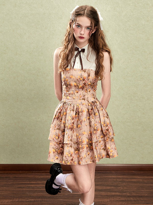 Retro Oil Painting Floral Sweet Dress & Sleeve Bolero