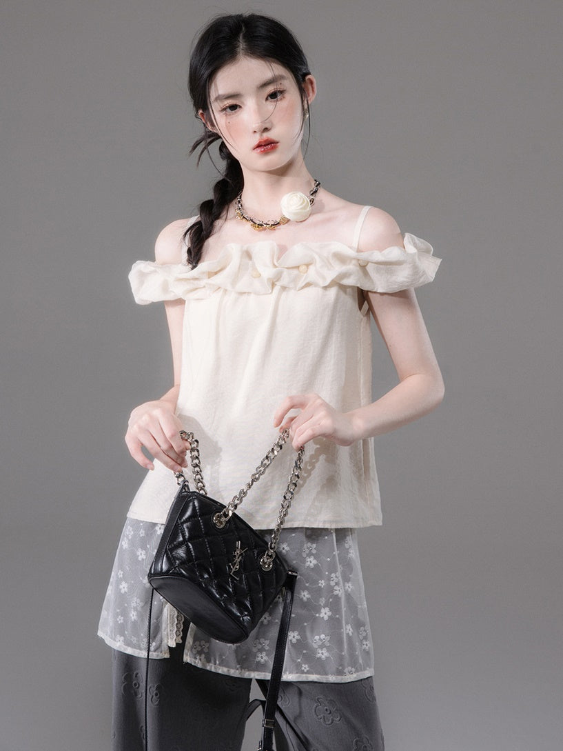 Flower Bud Off-shoulder Shirt & Lace Apron Set-up