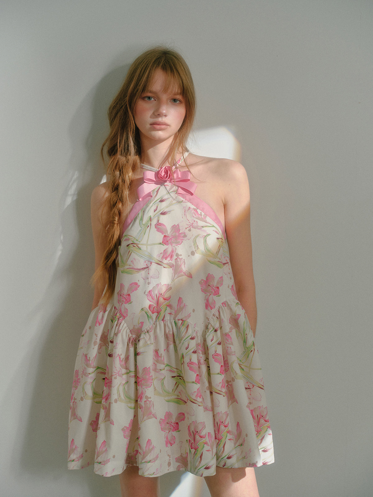 Halter Neck Floral Printed Sweet Bow Puffy Dress