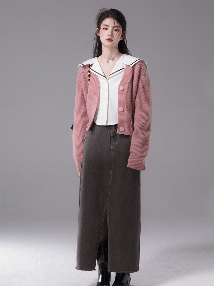 Raw Edge Denim Long Skirt