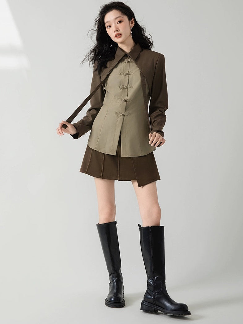 중국 버클 콘트라스트 컬러 페이크 2피스 셔츠