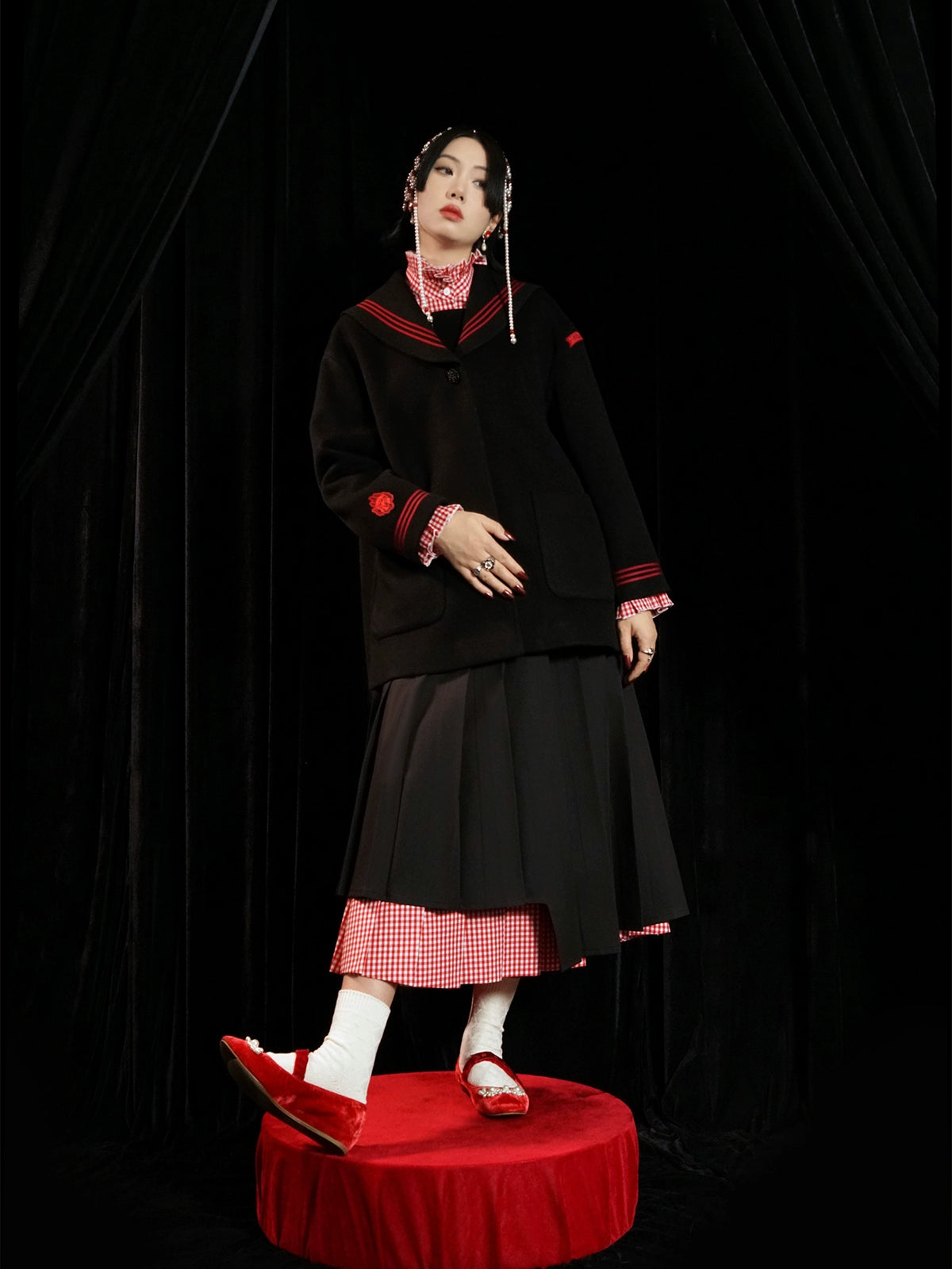 Double-layered Plaid Pleated Skirt