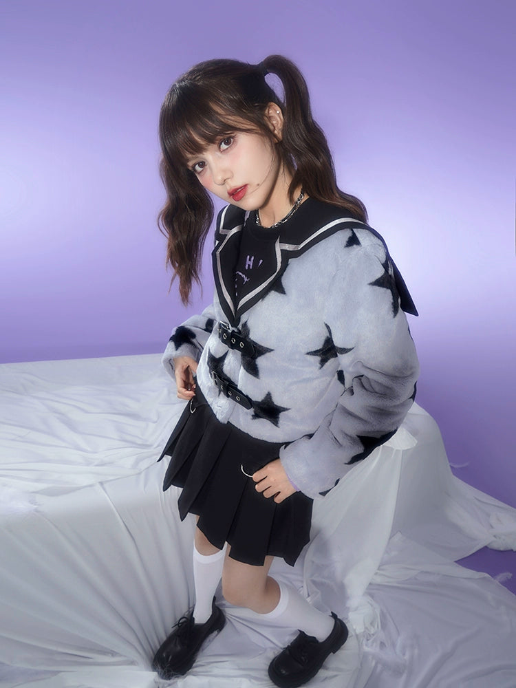 Star Sailor Collar Imitation Rabbit Fur Short Jacket