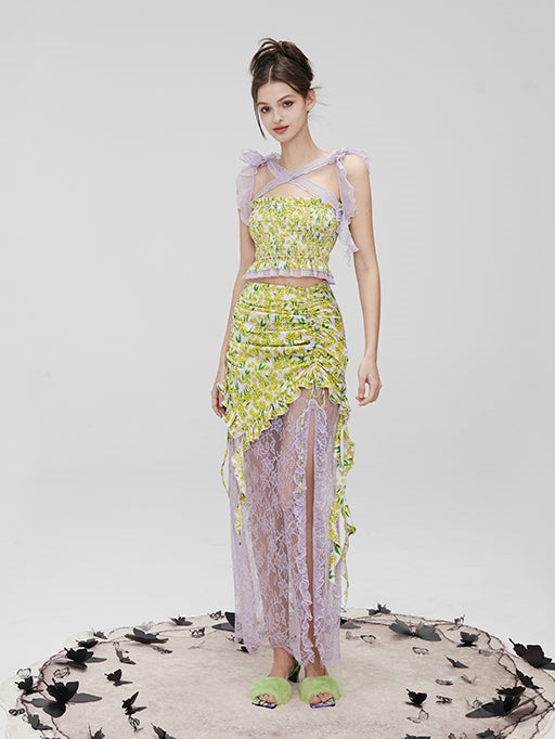 Floral Strap Shirring Tube Top