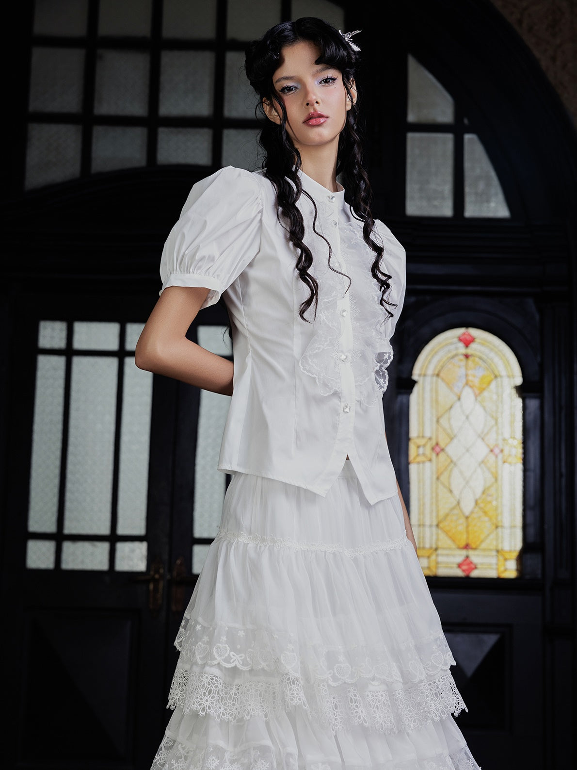 Lace Pearl Buckle Waist Shirt & Lace Cake Skirt