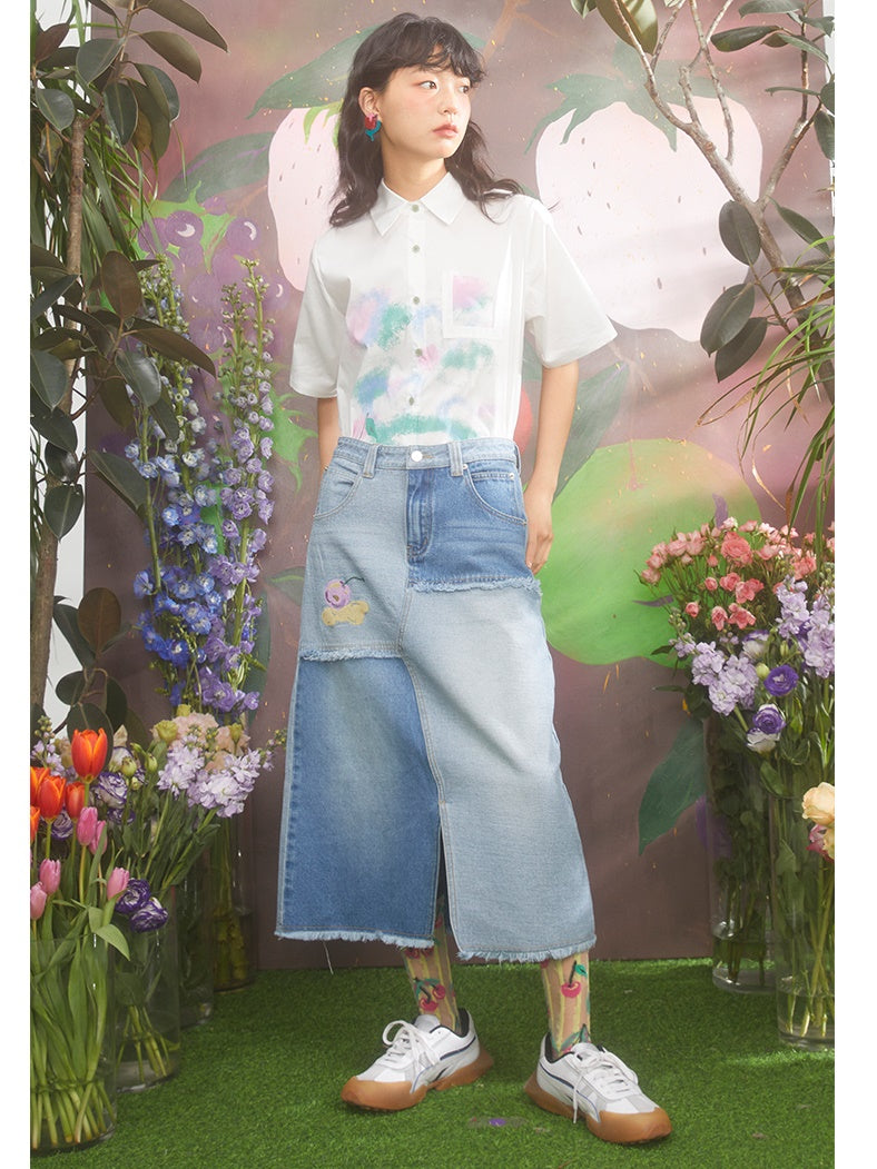 Cream Cherry Embroidery Contrasting Color Raw Edge Denim Skirt