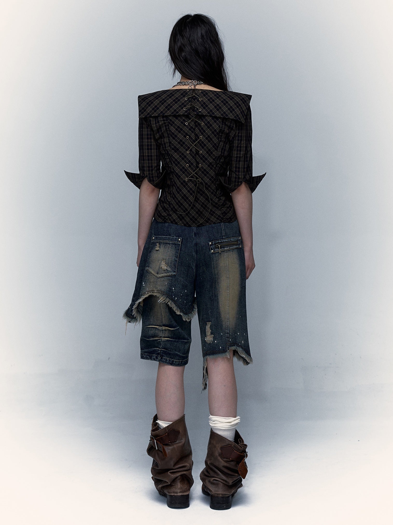 Palace Distressed Pleated Plaid Short Mid-sleeve Shirt
