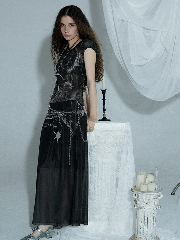 Spider Printing Short T-shirt & Low Waist Chain Printing Long Skirt